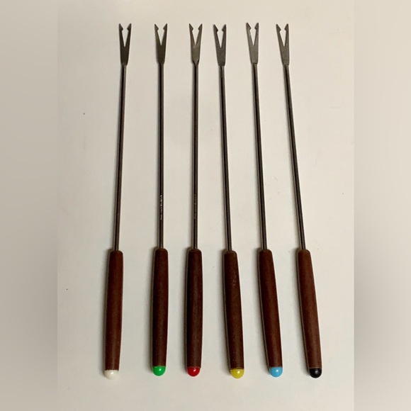 Set of 6 1960s Vintage Japanese Walnut Stainless Fondue Skewer Forks - Picture 6 of 10
